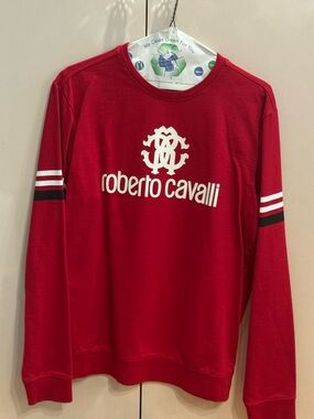 Roberto Cavalli Red Crewneck Sweatshirt with White Logo and Sleeve Stripes